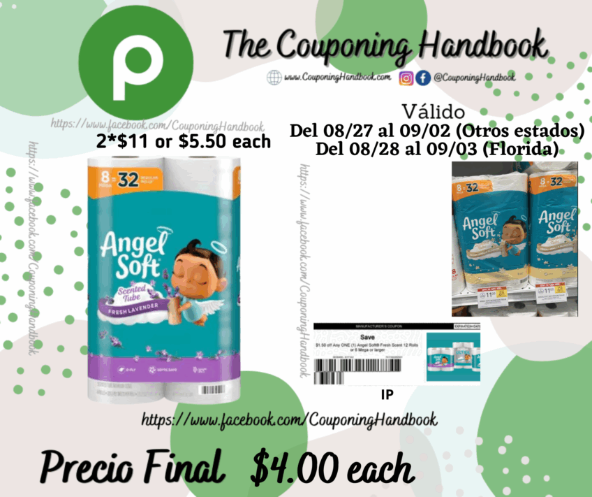 Angel Soft Bathroom Tissue, Fresh Lavender, Scented Tube, Mega Rolls, 2-ply 8 rolls por $4.00