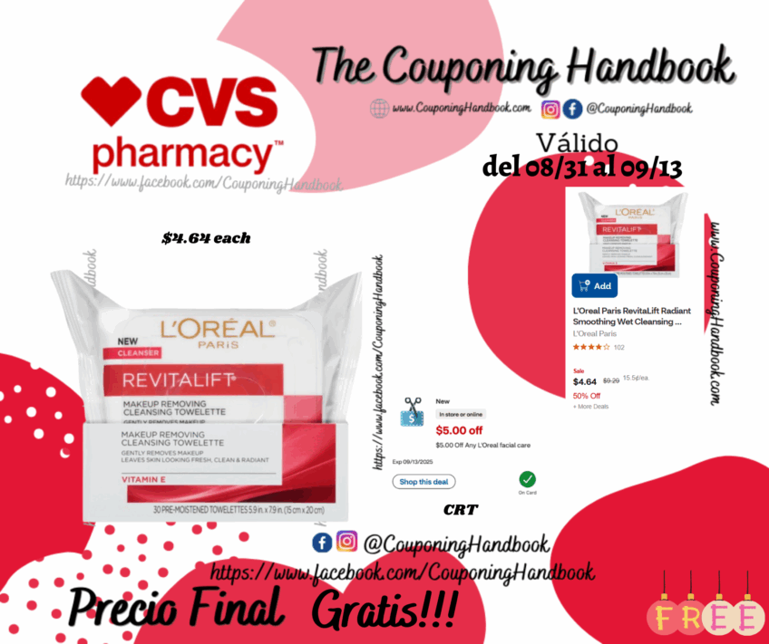 L’Oreal Paris RevitaLift Radiant Smoothing Wet Cleansing Towelettes, 30/Pack Gratis