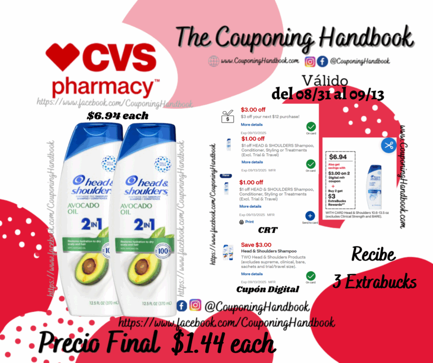 Head & Shoulders Avocado Oil 2-in-1 Dandruff Shampoo & Conditioner, 12.5 OZ por $1.44