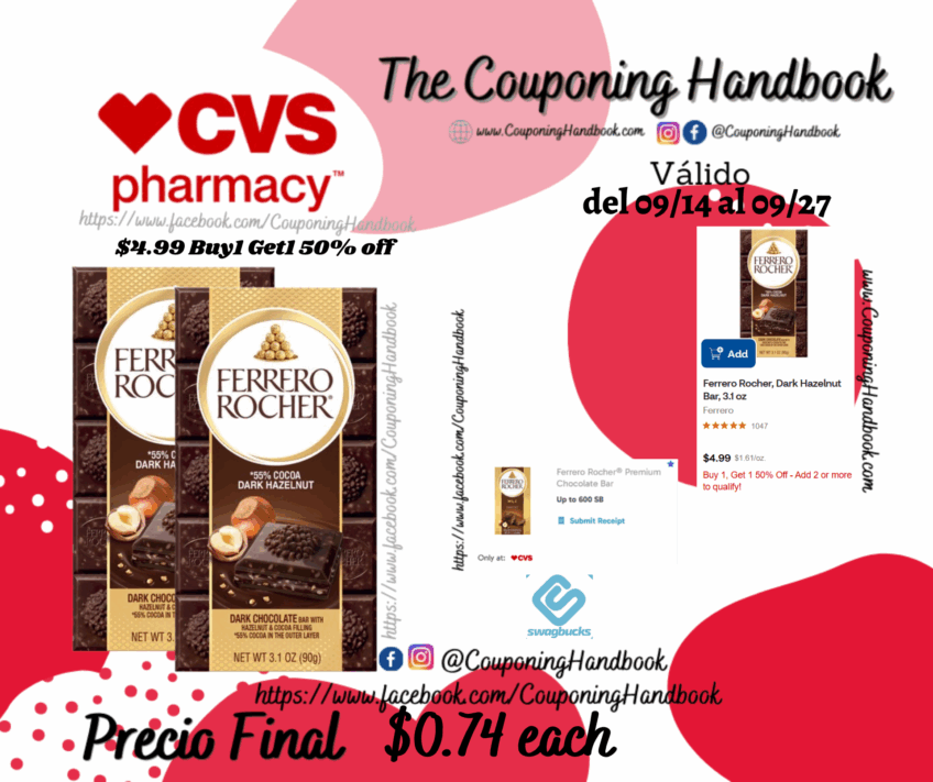 Ferrero Rocher, White Hazelnut Bar, 3.1 oz por $0.74