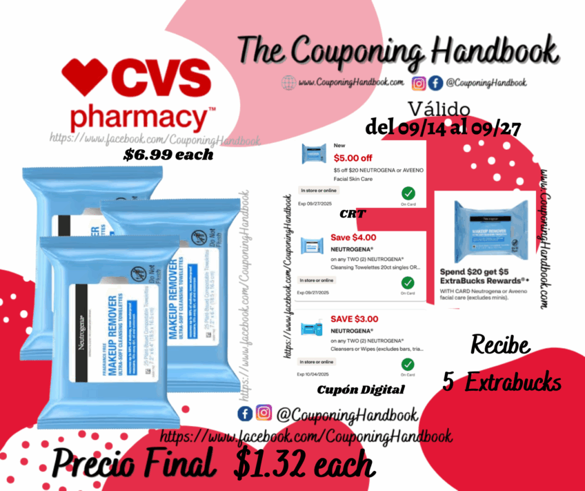 Neutrogena Makeup Remover Cleansing Towelettes, 25CT por $1.32