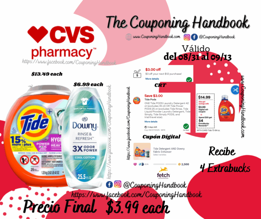 Tide + Power PODS Laundry Detergent y/o Diwny Rinse por $2.99