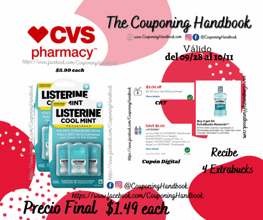 Listerine Pocketpaks Breath Strips, Cool Mint, 24 count, 3 Pack por $1.49