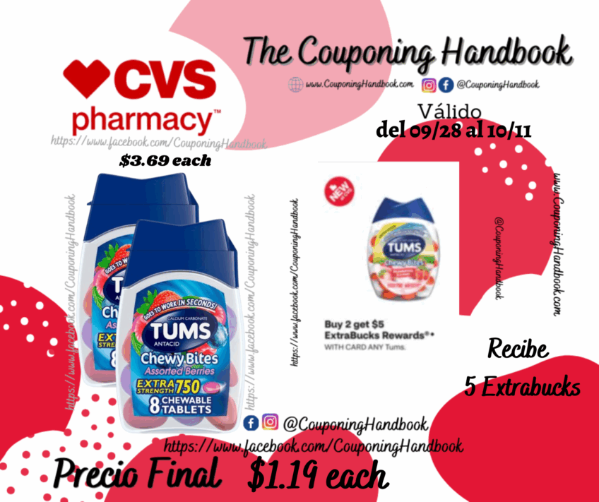 TUMS Antacid Chewy Bites Chewable Tablets, 8 Count por $1.19