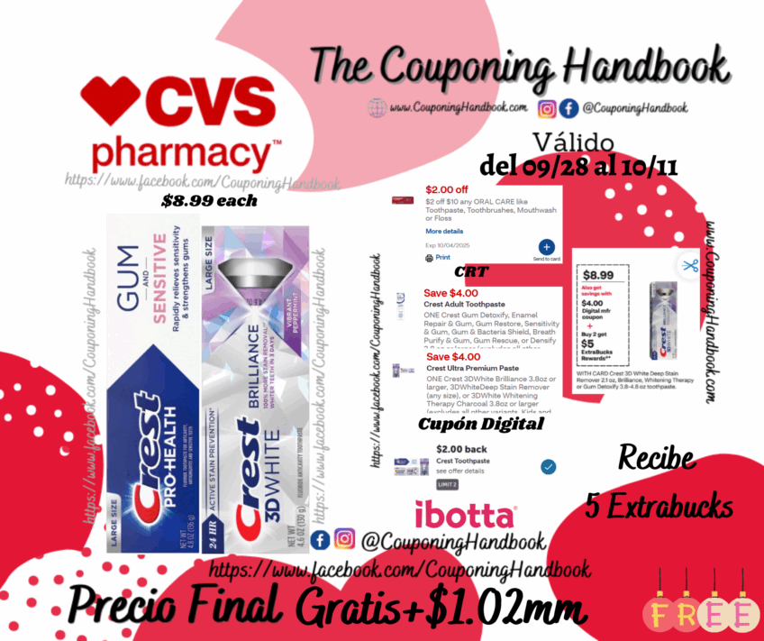 Crest Pro-Health Sensitive & Gum Toothpaste 4.8 OZ y Crest 3D White Brilliance Toothpaste Gratis