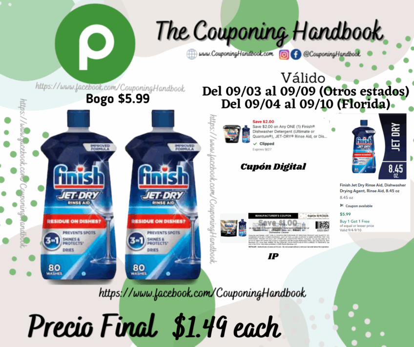 Finish Jet Dry Rinse Aid, Dishwasher Drying Agent, Rinse Aid, 8.45 oz por $1.49