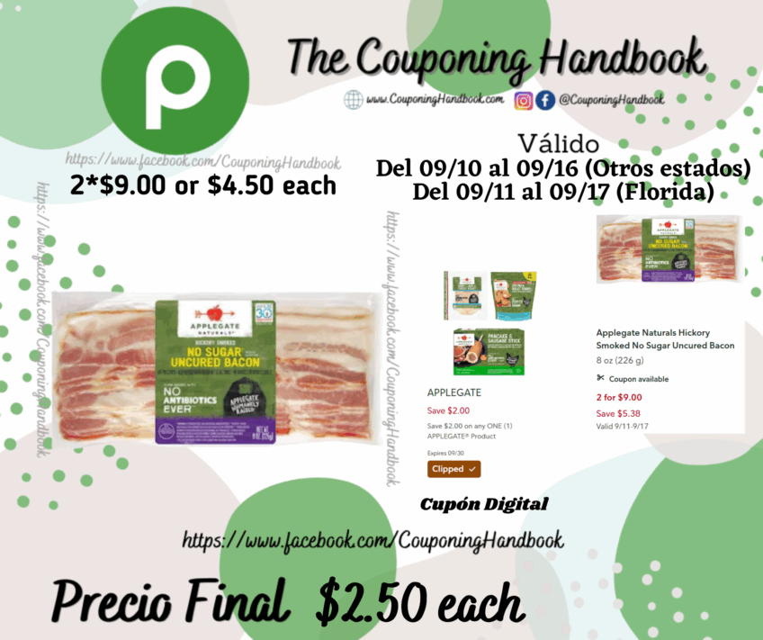 Applegate Naturals Hickory Smoked No Sugar Uncured Bacon 8 oz por $2.50