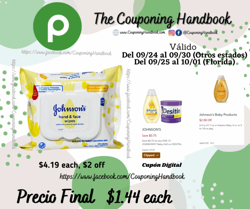 Johnson’s Wipes, Hand & Face por $1.44