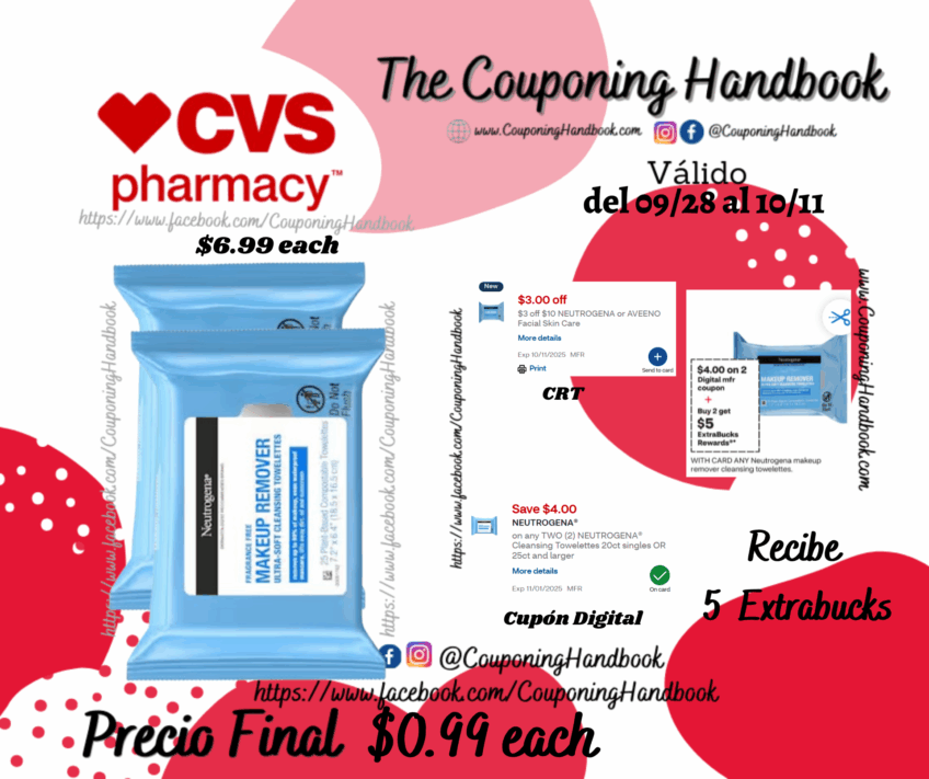 Neutrogena Makeup Remover Cleansing Towelettes, 25CT por $0.99