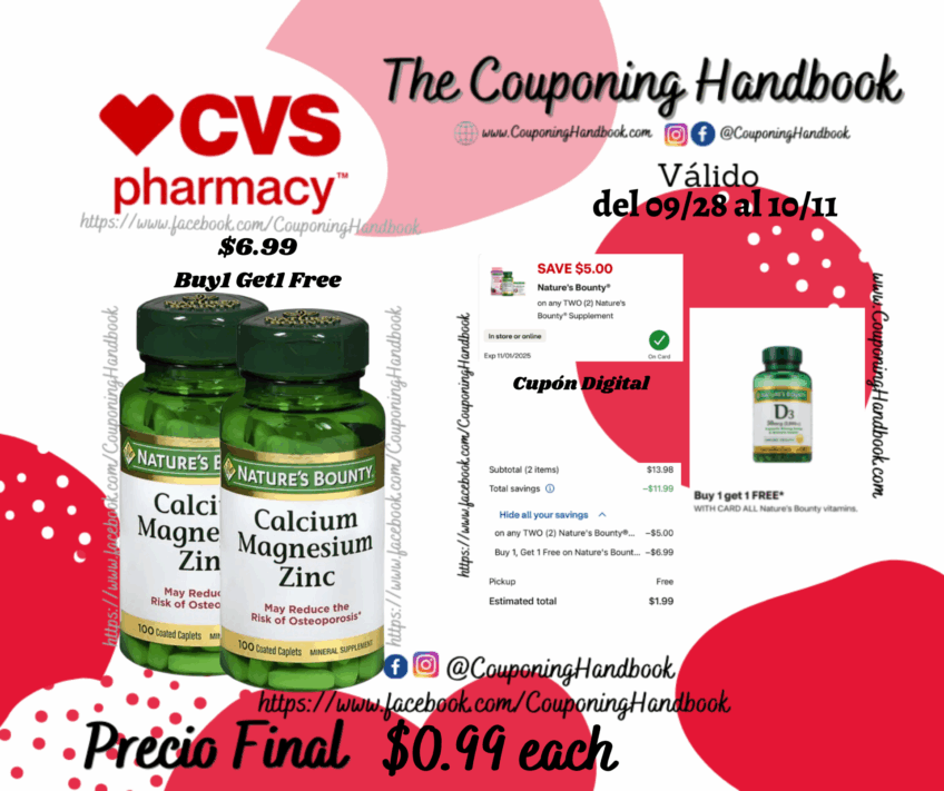 Nature’s Bounty Calcium Magnesium Zinc Coated Caplets, 100 CT por $0.99