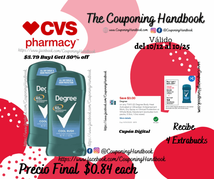 Degree 48-Hour Antiperspirant & Deodorant Stick, Cool Rush, 1/Pack por $0.84