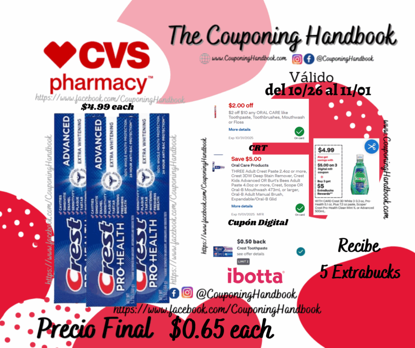 Crest Pro-Health Advanced Extra Whitening Fluoride Toothpaste, 5.1 OZ por $0.65