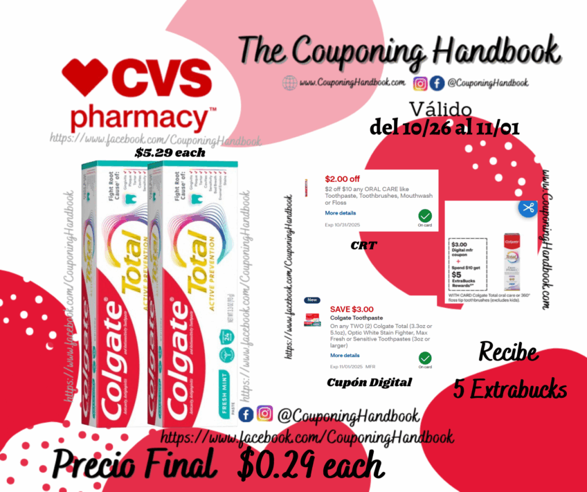 Colgate Total Active Prevention Toothpaste, Fresh Mint, 3.3 OZ por $0.29