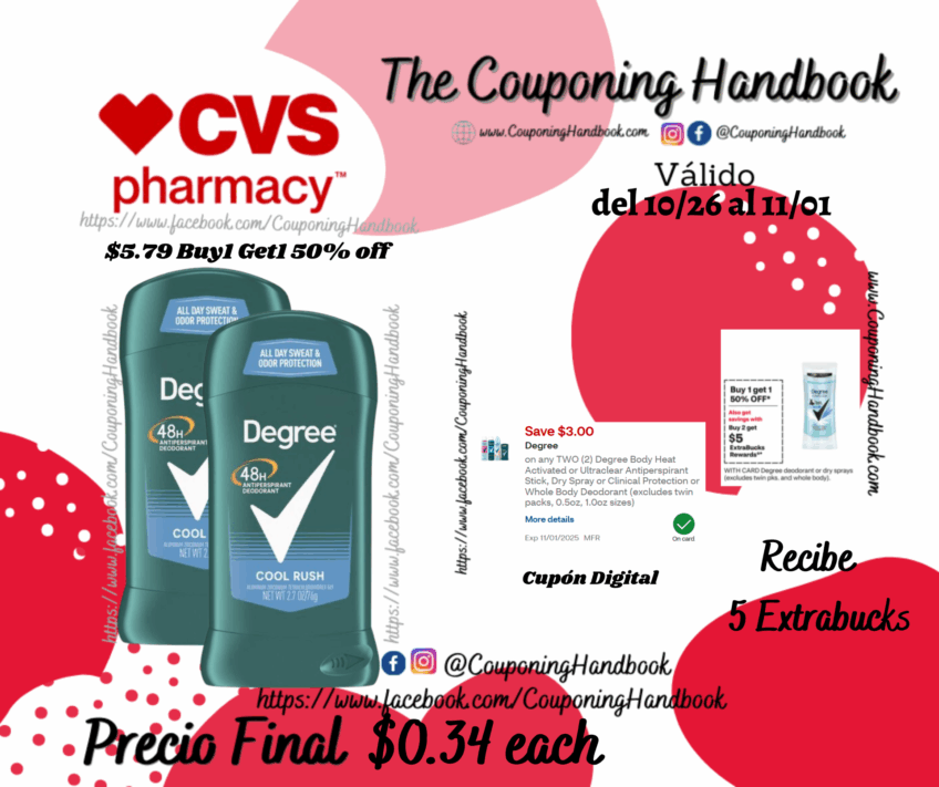 Degree 48-Hour Antiperspirant & Deodorant Stick, Cool Rush, 1/Pack por $0.34