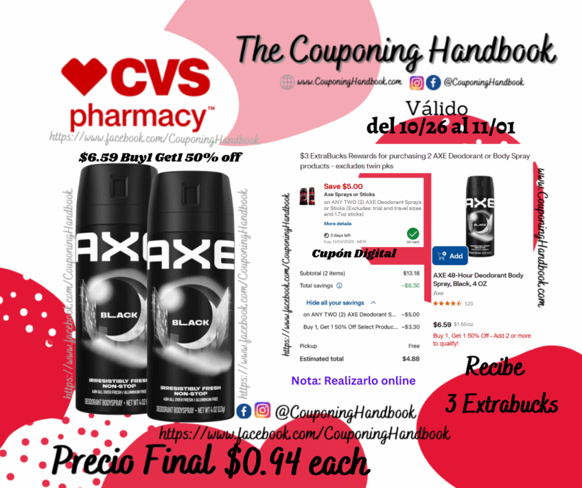 AXE 48-Hour Deodorant Body Spray, Black, 4 OZ por $0.94