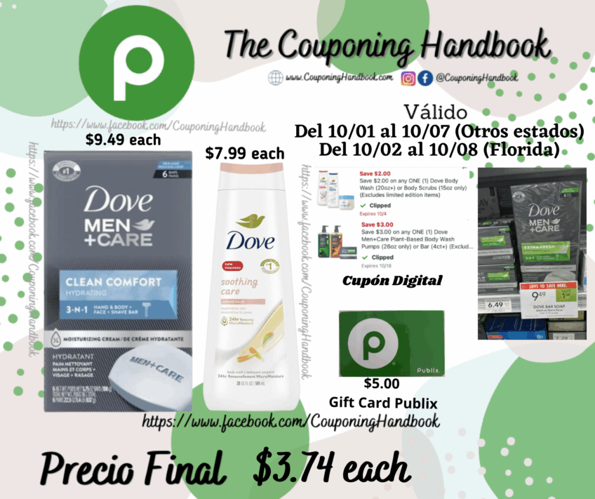 Dove Body Wash y/o Dove Men+Care Bar por $3.74