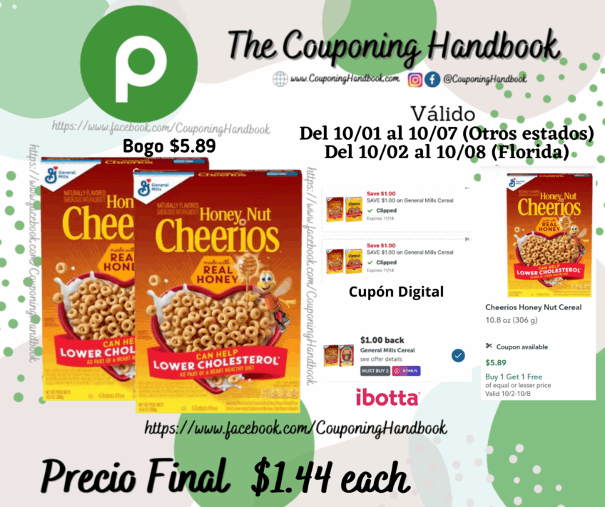 Cheerios Honey Nut Cereal 10.8 oz por $1.44