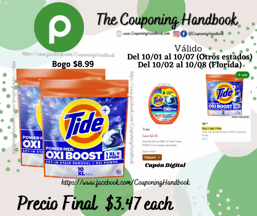 Tide Power Pods Laundry Detergent, Oxi Boost 10 ct Bag por $3.47