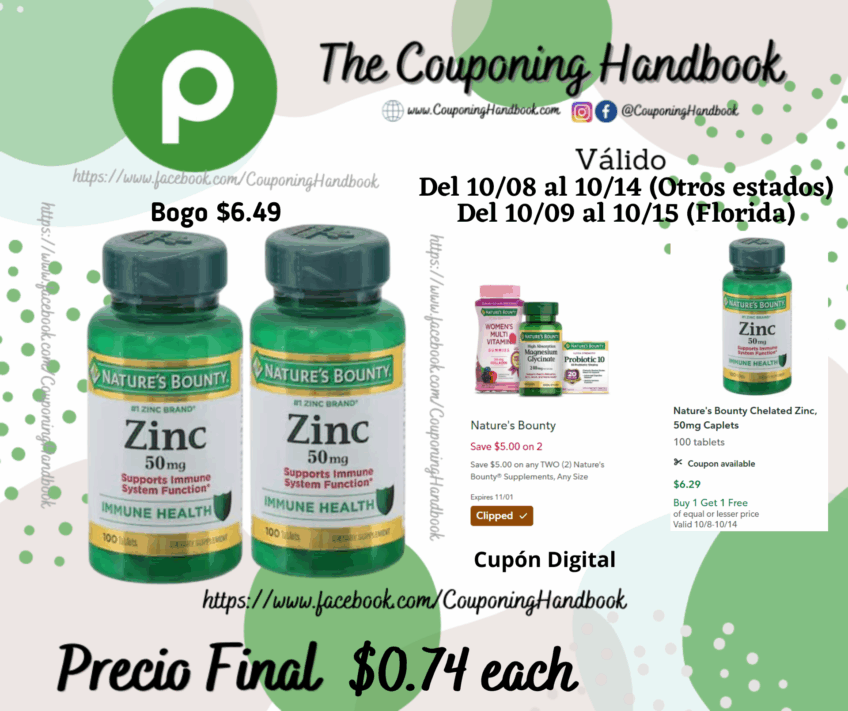 Nature’s Bounty Zinc, Immune Health, 50 mg, Tablets 100 tablets por $0.74