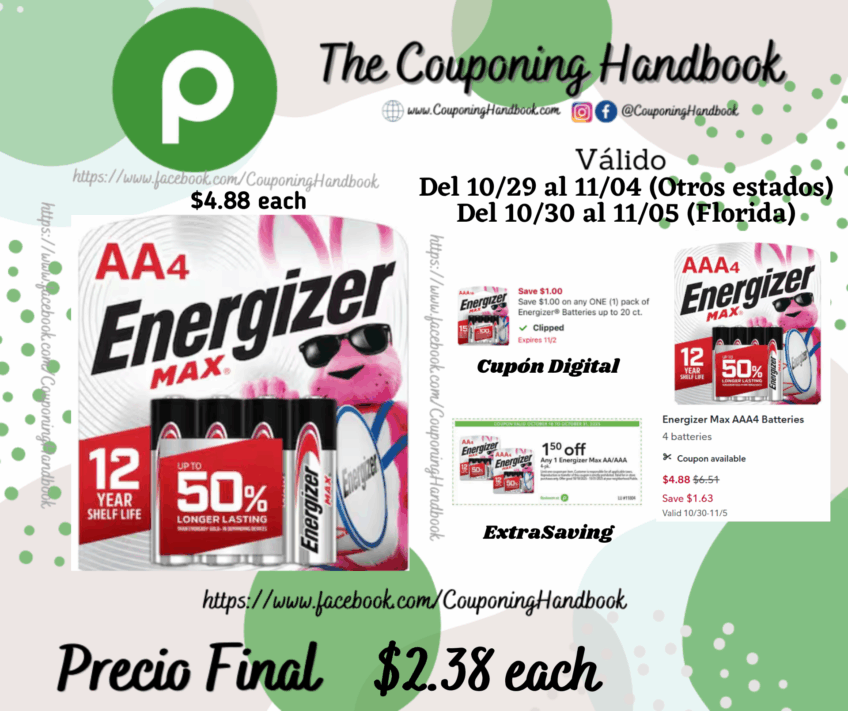 Energizer Max AA4 Batteries 4 batteries por $2.38
