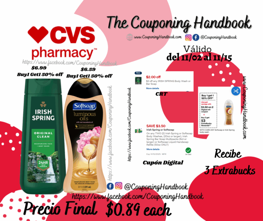 Softsoap Moisturizing Body Wash y/o Irish Spring Body Wash por $0.89