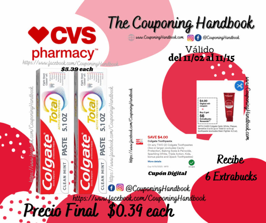 Colgate Total Active Prevention Toothpaste, Clean Mint, 5.1 OZ por $0.39