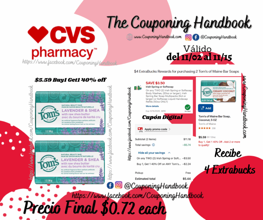 Tom’s of Maine Bar Soap, Lavender, 5 OZ por $0.72