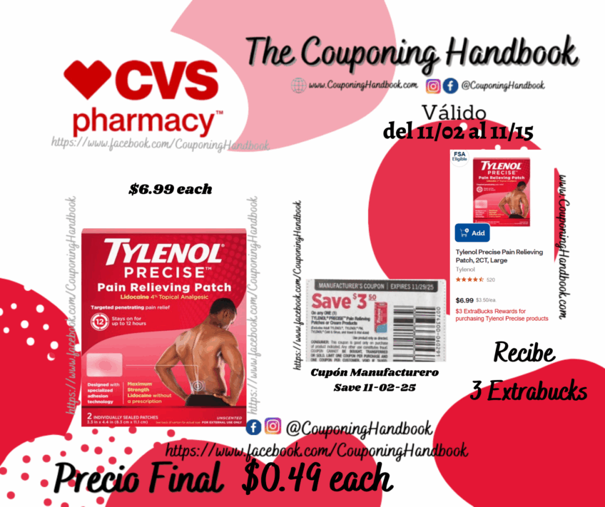 Tylenol Precise Pain Relieving Patch, 2CT, Large por $0.49