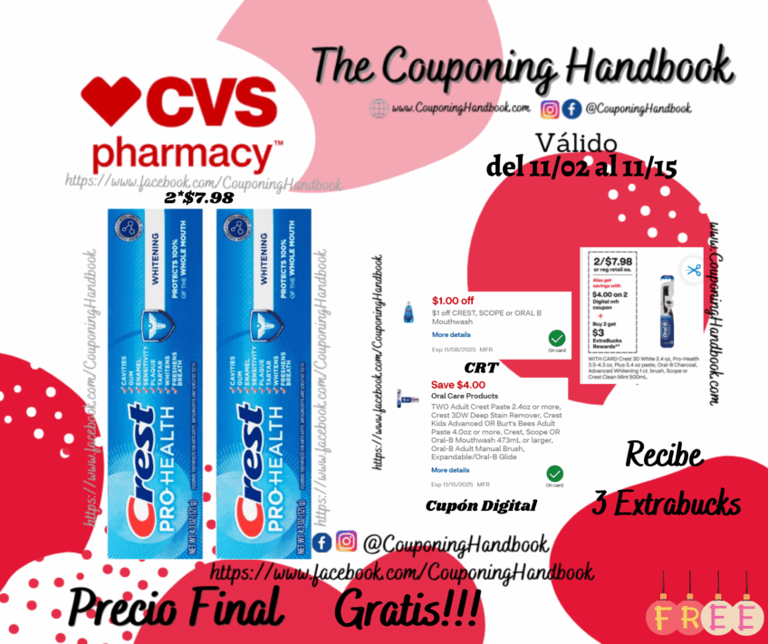 02 Crest Pro-Health Whitening Anticavity Fluoride Toothpaste, 4.3 OZ Gratis