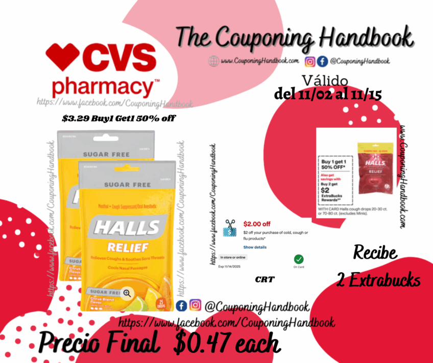 Halls Relief Sugar Free Cough Drops 25 Count por $0.47