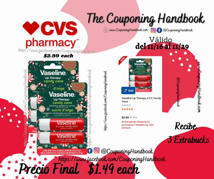 Vaseline Lip Therapy, 2 CT, Candy Cane por $1.49