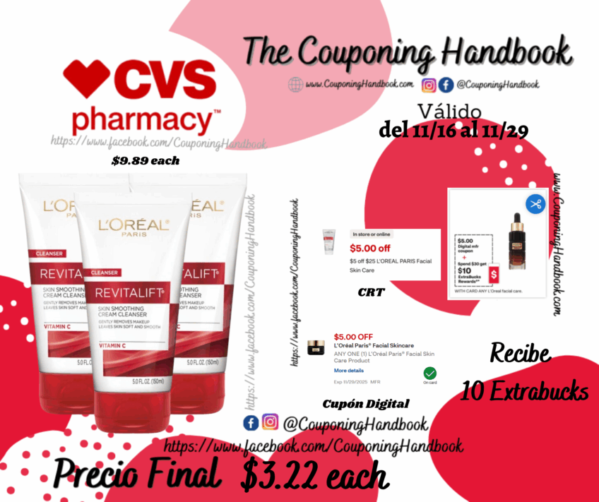 L’Oreal Paris RevitaLift Radiant Smoothing Cream Cleanser, 5 OZ por $3.22