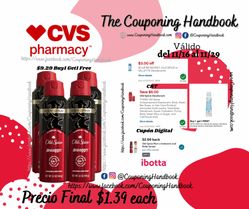 Old Spice Underarm & Body Body Spray, Swagger, 5.1 OZ por $1.39