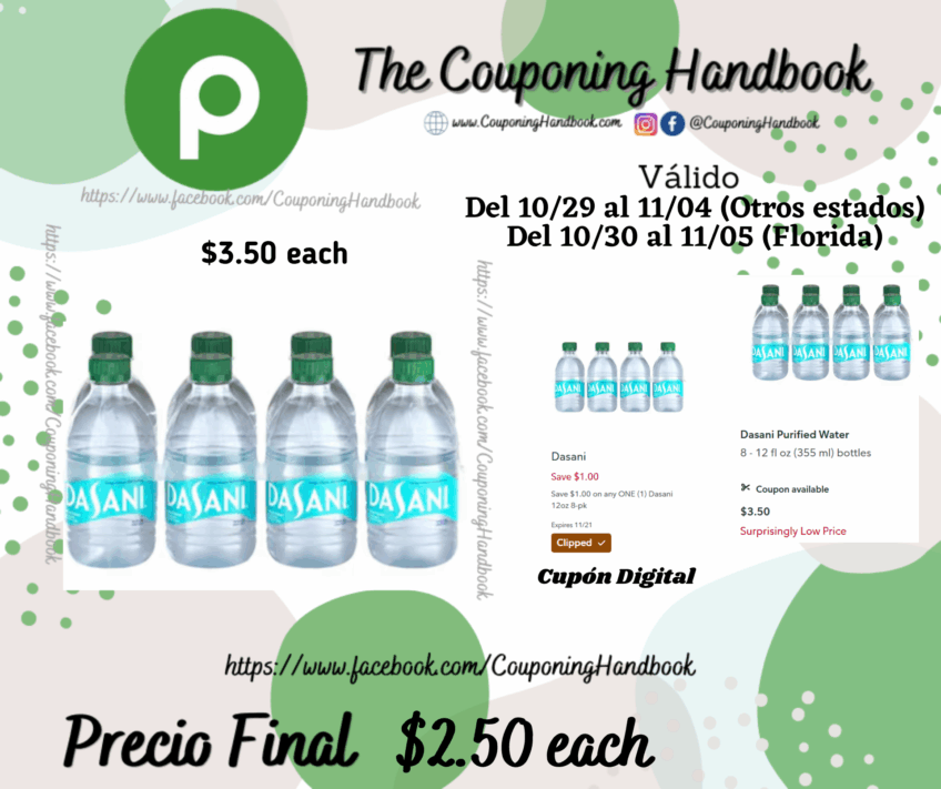 Dasani Purified Water 8 – 12 fl oz por $2.50