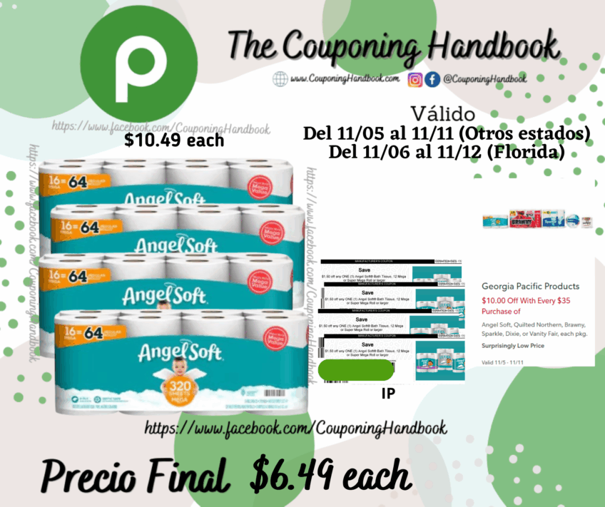 Angel Soft Bathroom Tissue, Unscented, Mega Rolls, 2-Ply 16 rolls por $6.49