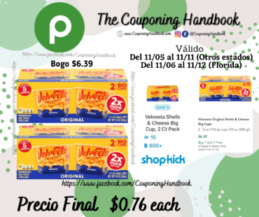Velveeta Original Shells & Cheese Big Cups por $0.76