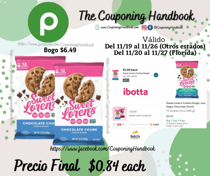 Sweet Loren’s Cookie Dough, Chocolate Chunk 12 cookies por $0.84