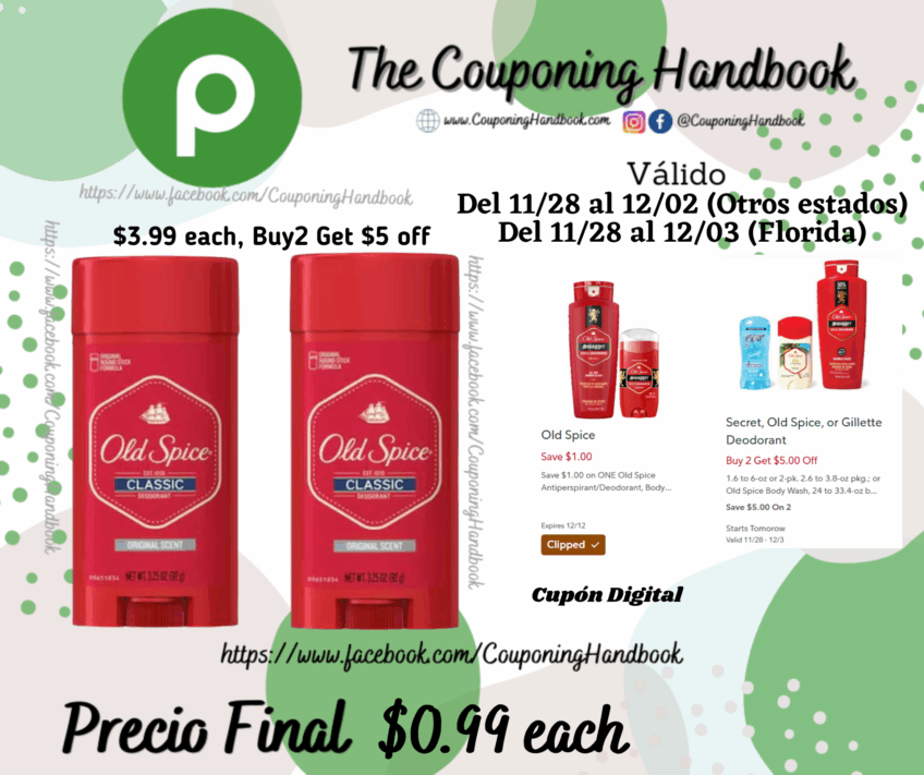 Old Spice Classic Original Scent Deodorant for Men, 3.25 oz por $0.99