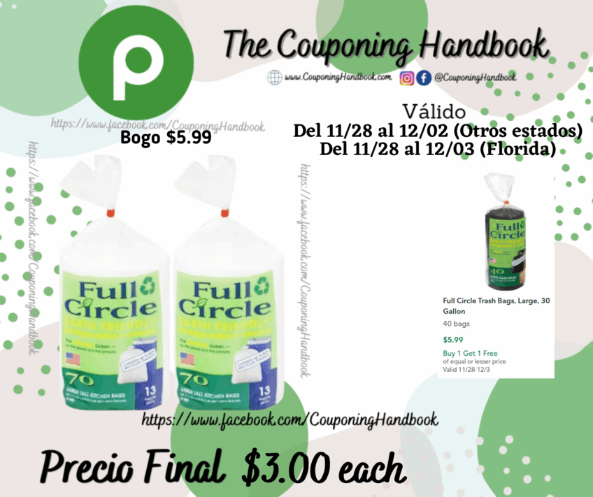 Full Circle Tall Kitchen Bags, Large, 13 Gallon 70 bags por $3.00