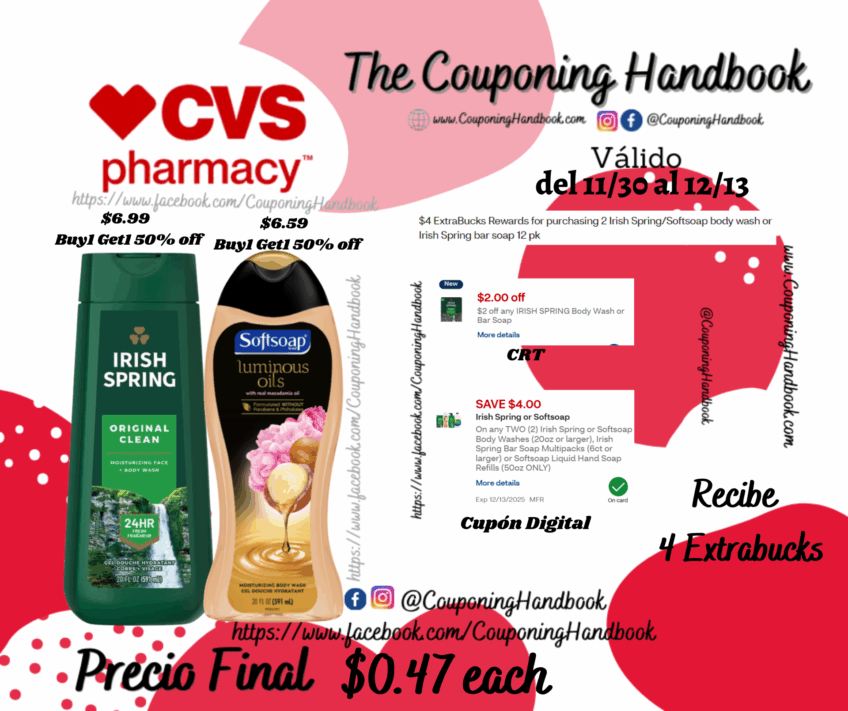 Softsoap Moisturizing Body Wash y/o Irish Spring Body Wash por $0.47