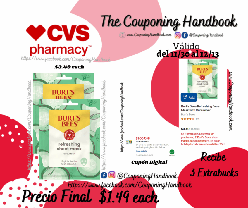 Burt’s Bees Refreshing Face Mask with Cucumber por $1.49