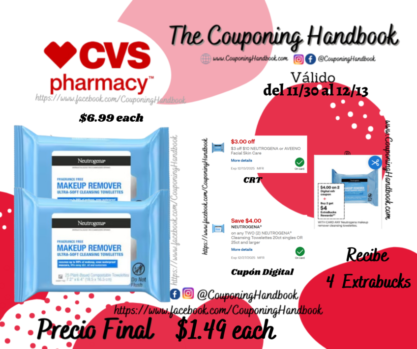 Neutrogena Makeup Remover Cleansing Towelettes, 25CT por $1.49