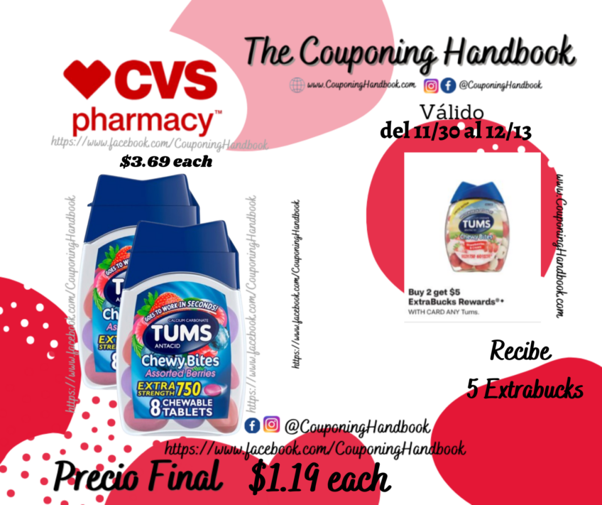 TUMS Antacid Chewy Bites Chewable Tablets, 8 Count por $1.19