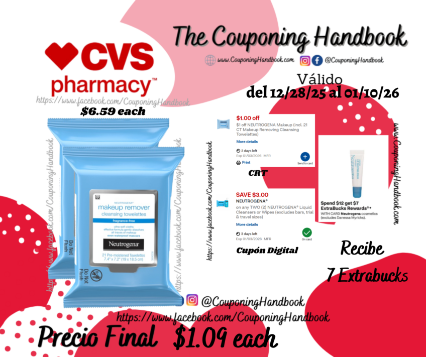 Neutrogena Makeup Remover Facial Cleansing Towelettes & Wipes, 21CT por $1.09