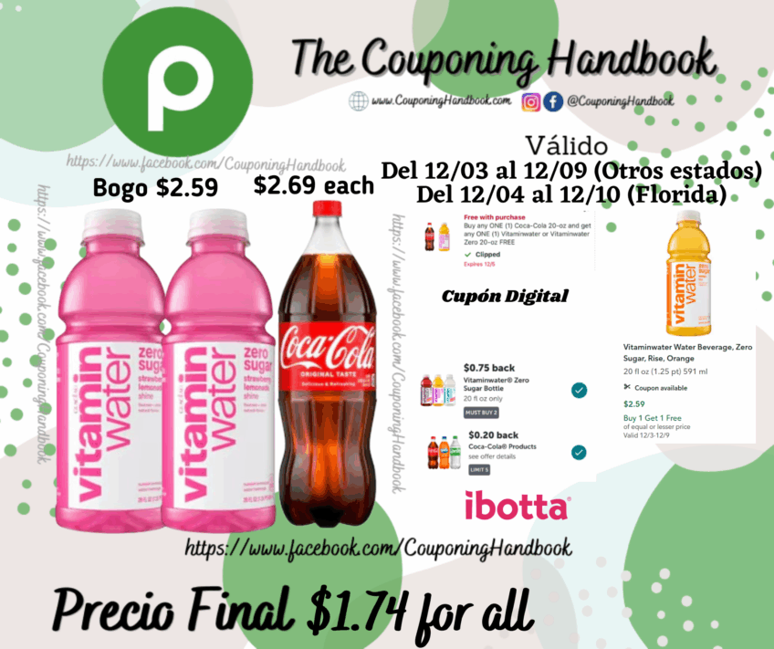 02 Vitaminwater Nutrient Enhanced Water Beverage, Zero Sugar y Coca-Cola Cola, Original Taste 20 fl oz por $1.74