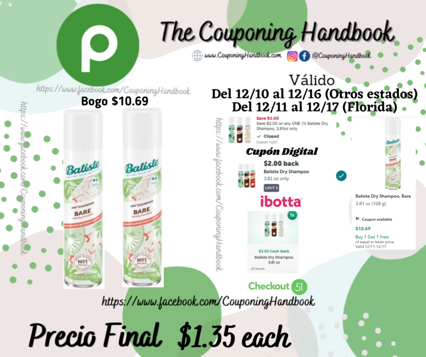 Batiste Dry Shampoo, Bare 3.81 oz por $1.35