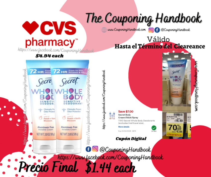 Secret Whole Body Cream, Peach & Vanilla Blossom, 3 OZ por $1.44