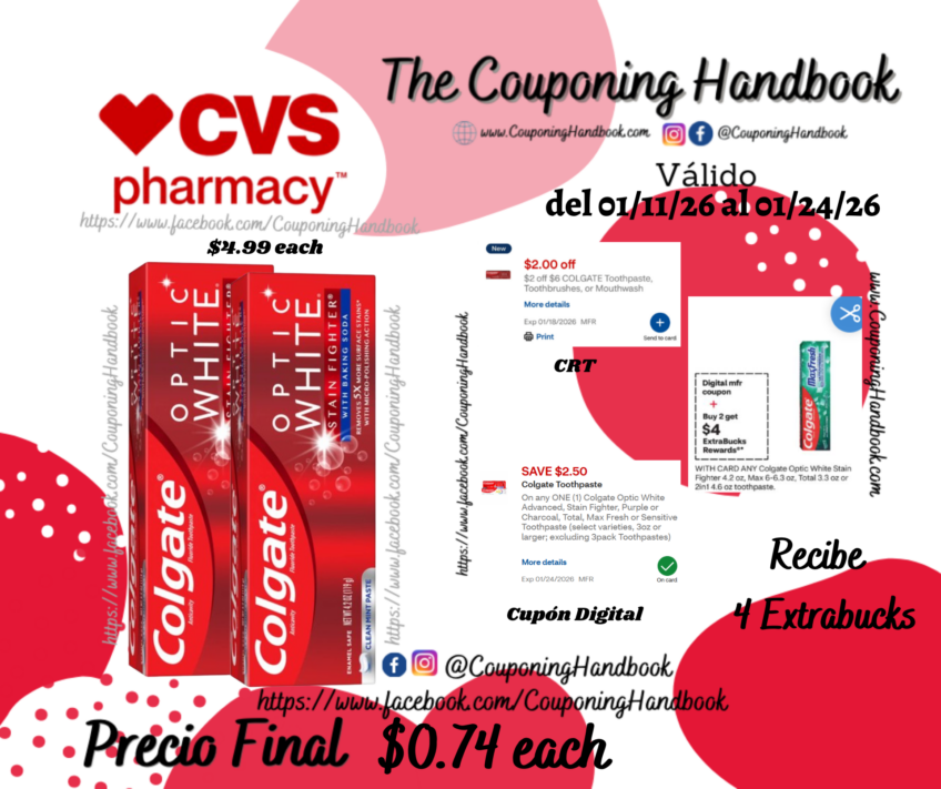 Colgate Optic White Anticavity Stain Fighter Toothpaste with Baking Soda, Clean Mint, 4.2 OZ por $0.74