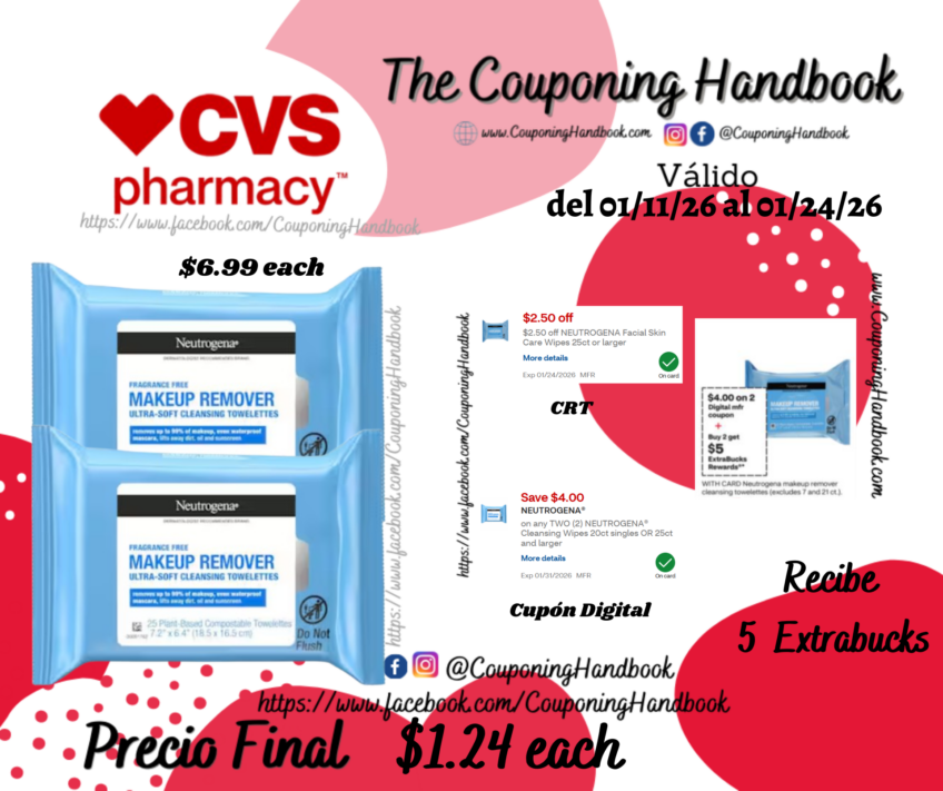 Neutrogena Makeup Remover Cleansing Towelettes, 25CT por $1.24