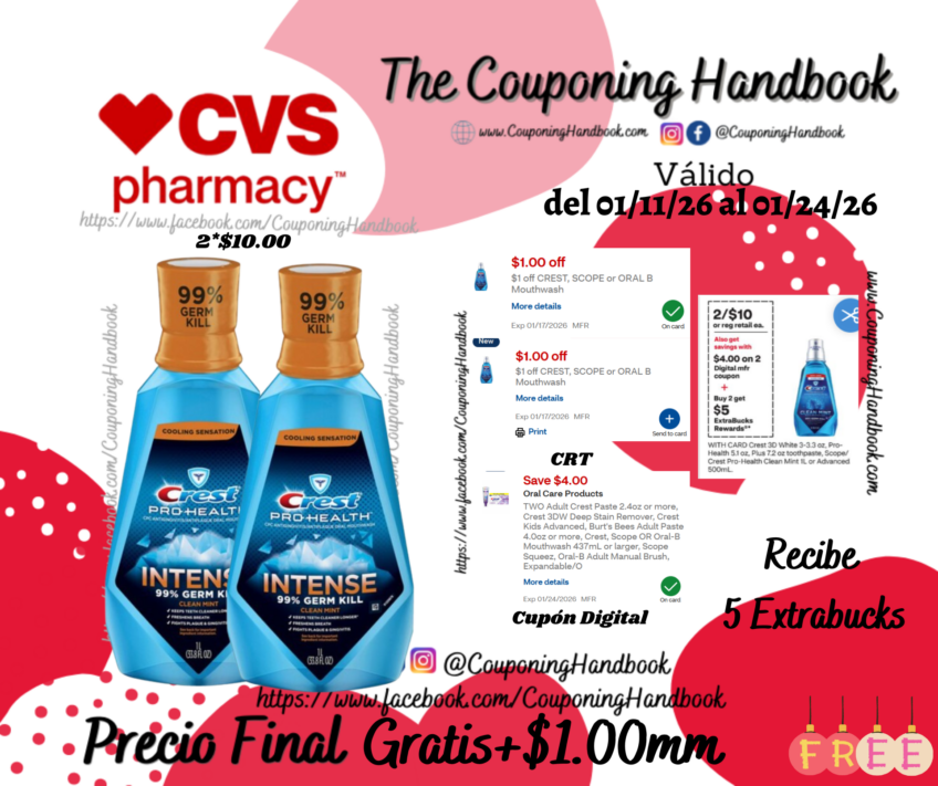 02 Crest Pro-Health Intense Mouthwash, Clean Mint, 1 L Gratis